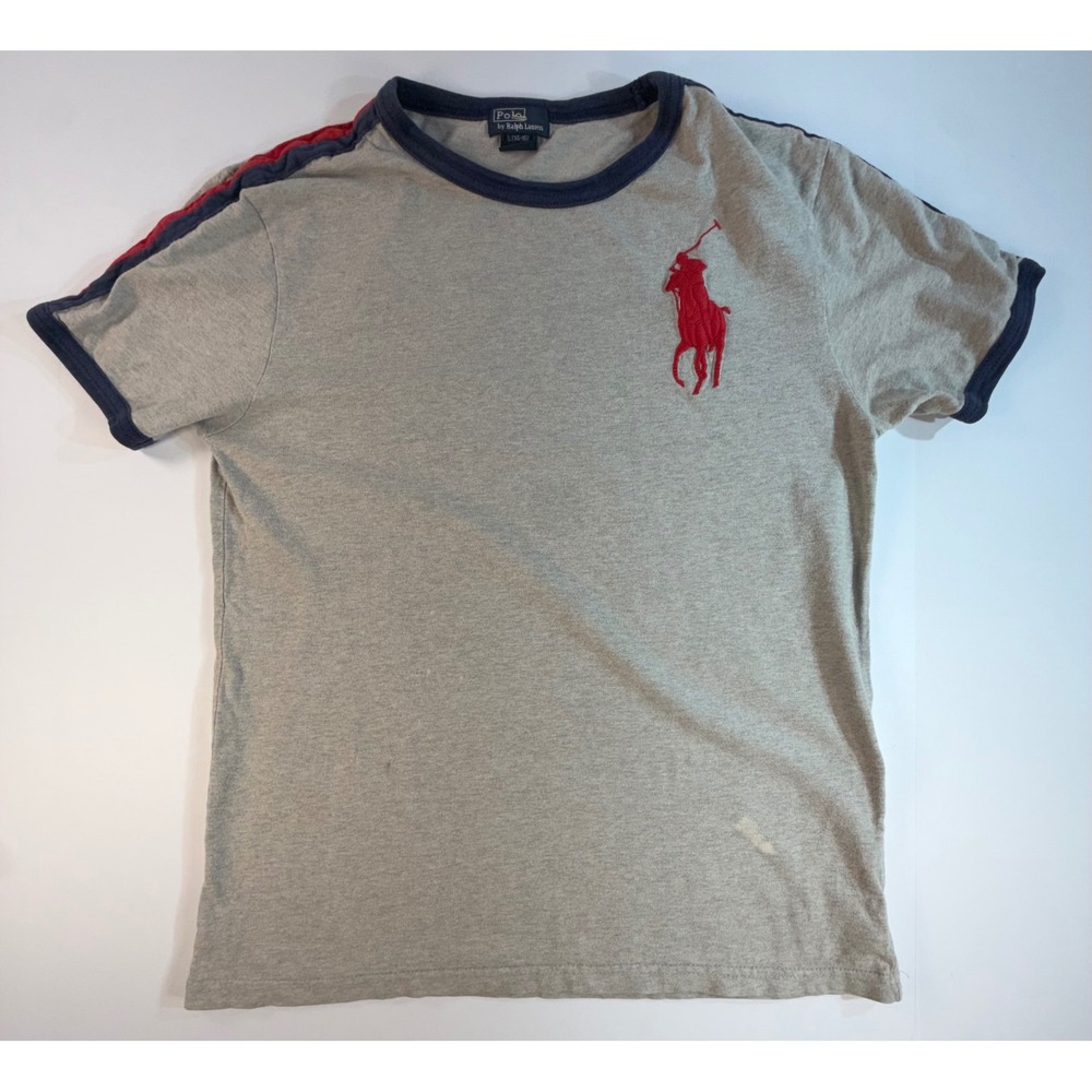 Polo Ralph Lauren Kids Big Pony Ringer T-Shirt Gray Navy Red Stripe Large 14-16